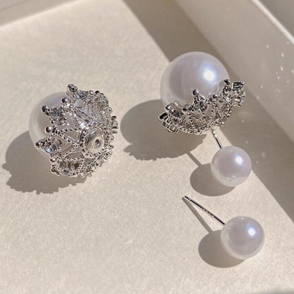 Pearlescent Radiance - Double-Sided CZ Pearl Earrings - Picture 3 of 6
